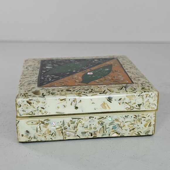 Vintage Mosaic Trinket Box With Leaf Design Hinged Lid Mother Of Pearl - Picture 5 of 8